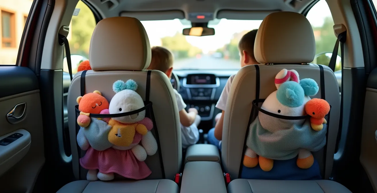 Interior de coche con juguetes blandos seguros fijados correctamente