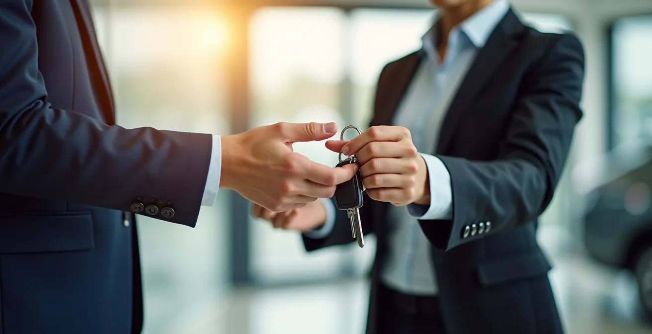 Cliente recibiendo las llaves de un coche de cortesía en instalaciones de servicio modernas