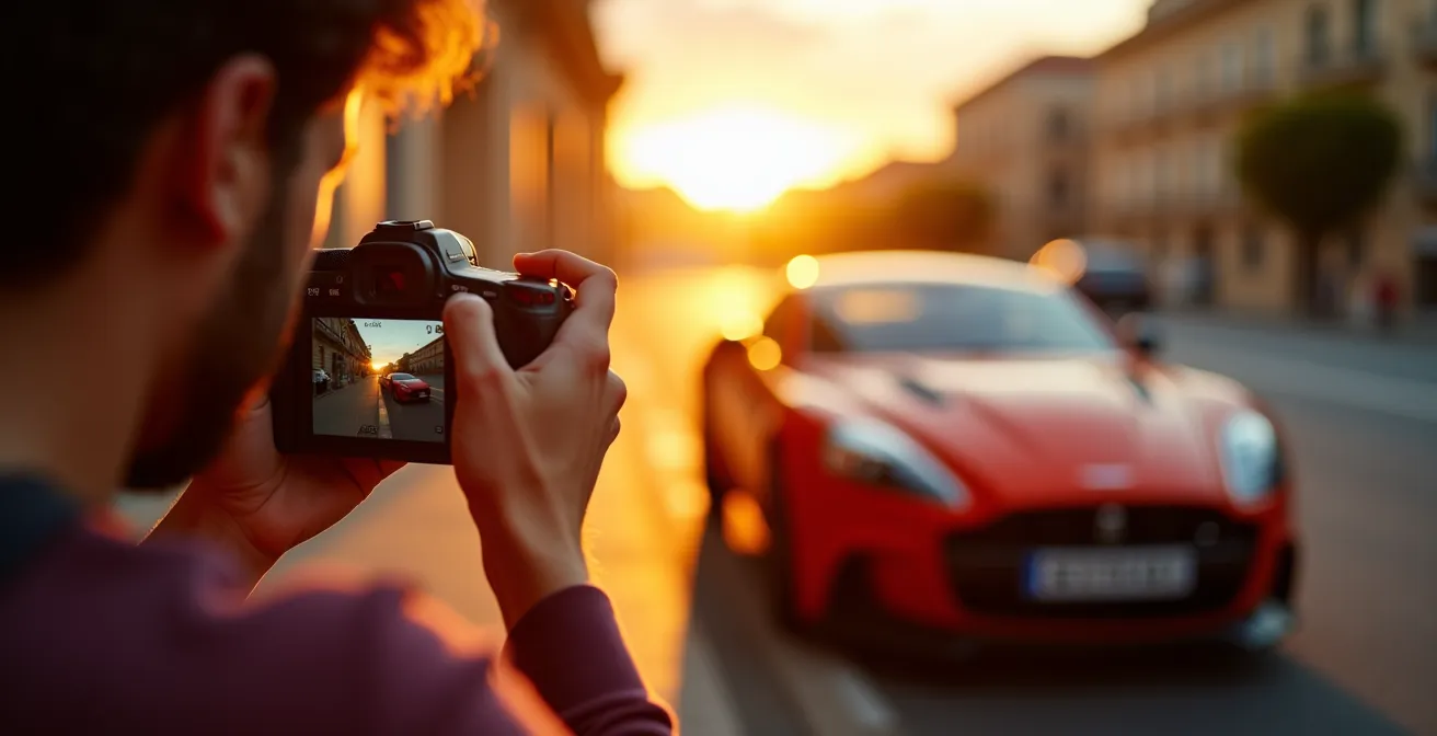 Sesión fotográfica profesional de un coche al atardecer para maximizar su atractivo en venta online