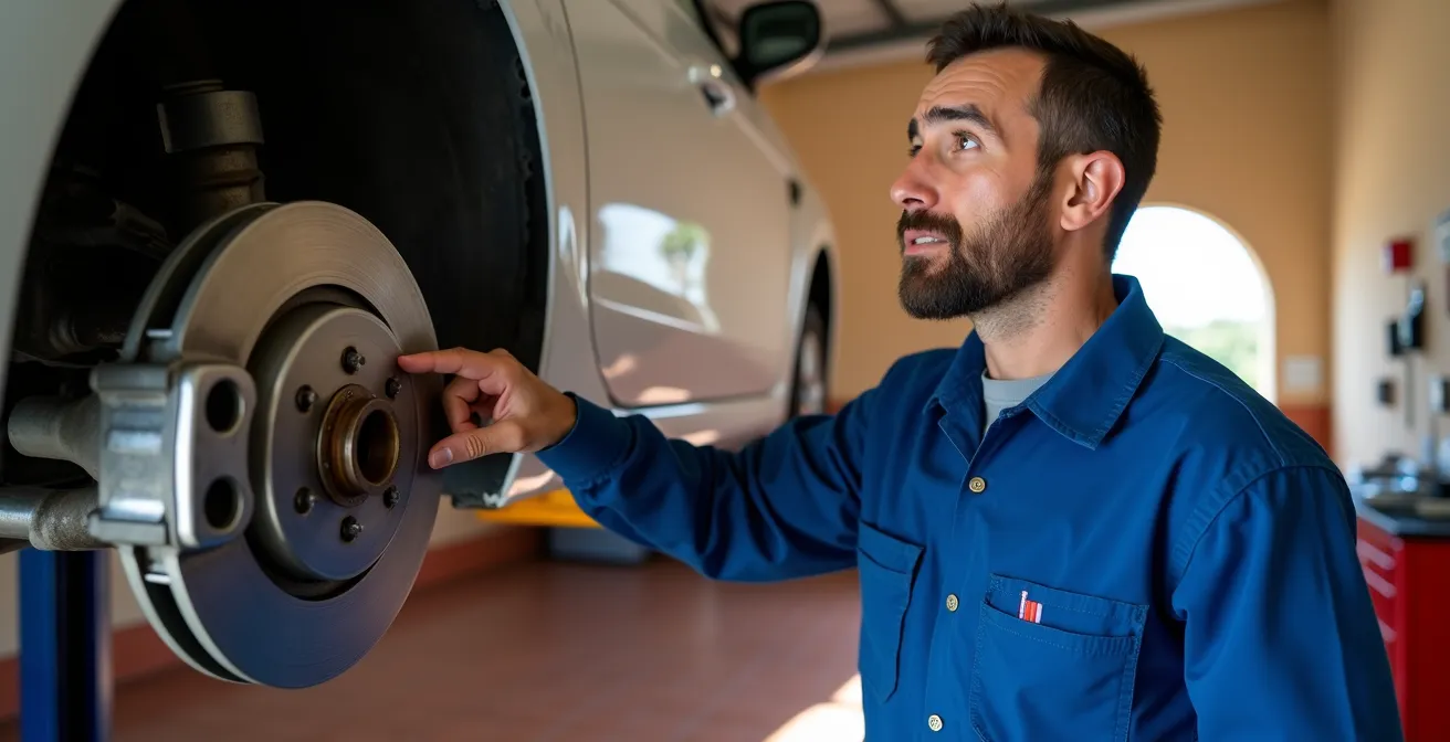Mecánico profesional examinando sistema de frenos de un vehículo en taller