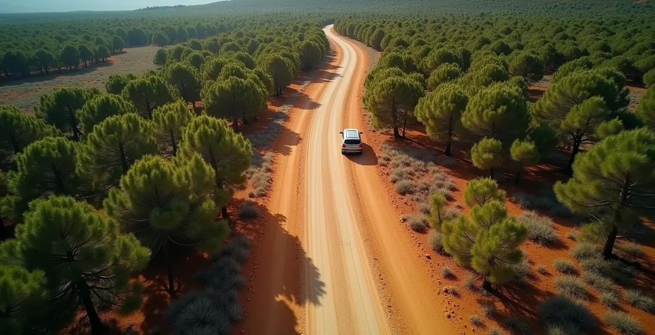 Vista aérea de coche en camino de tierra entre bosque mediterráneo español