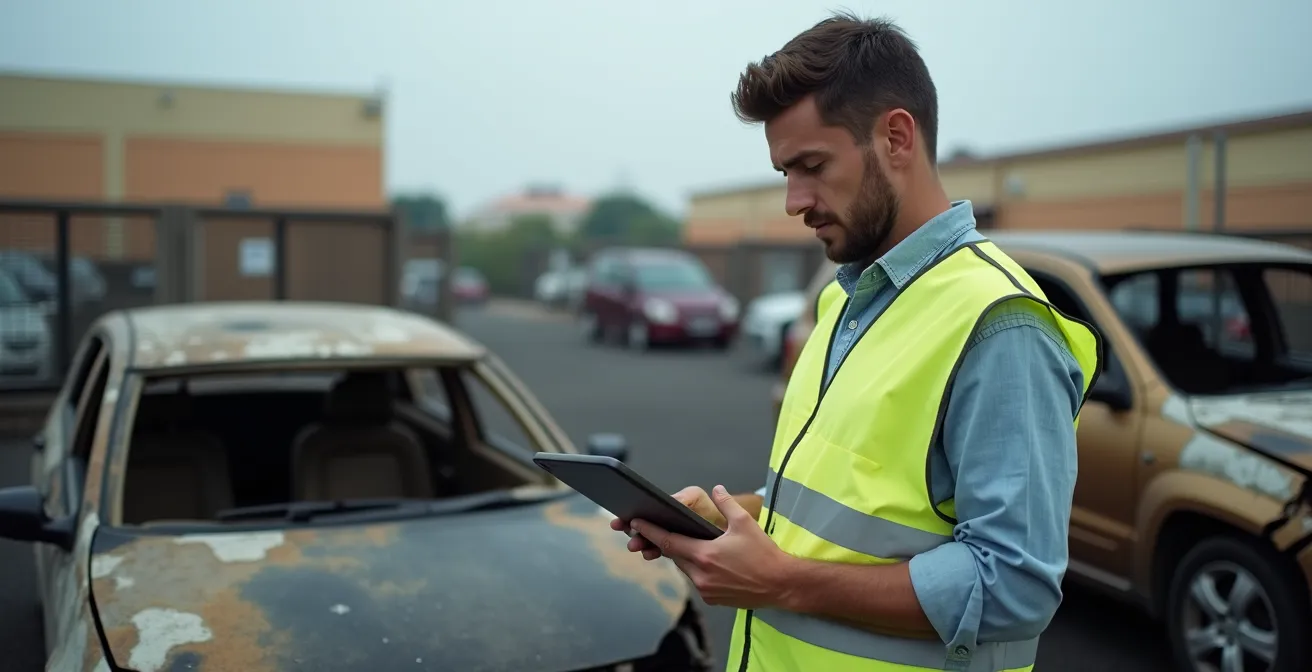 Perito de seguros examinando un vehículo dañado por incendio en un depósito